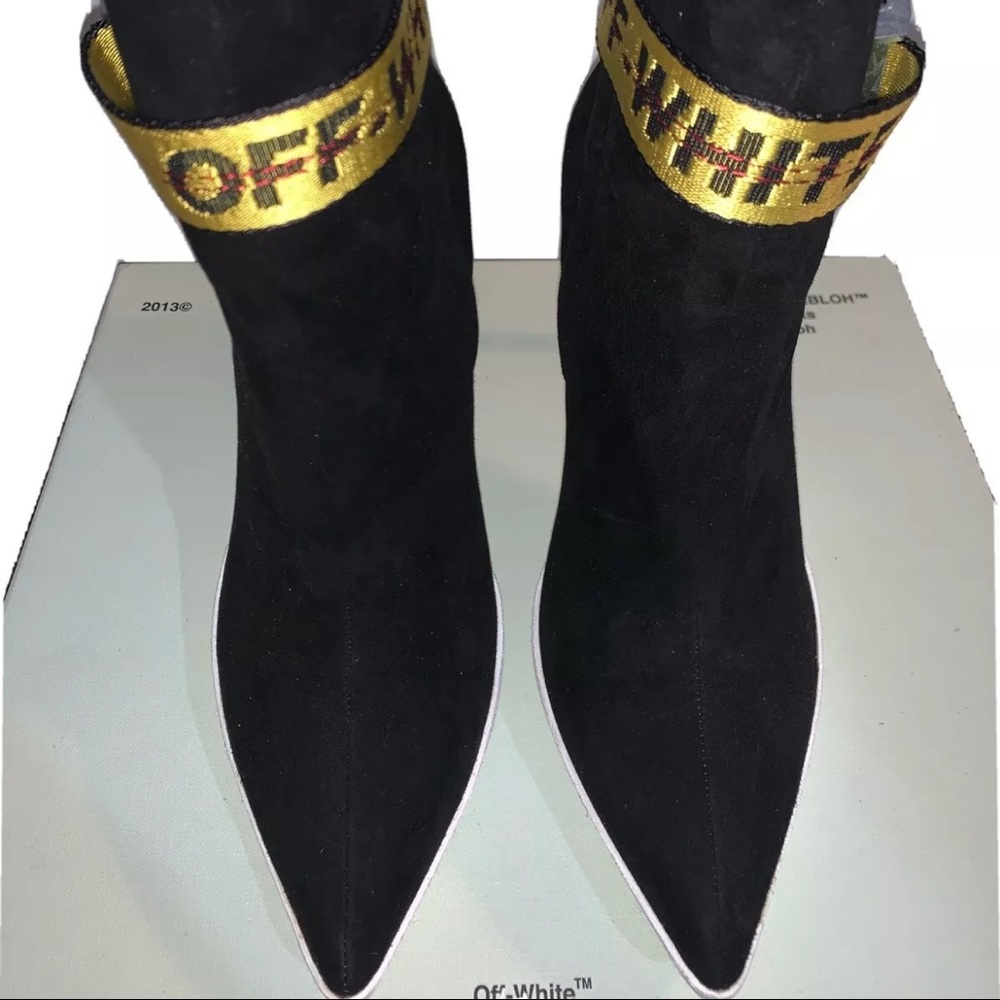 Virgil Abloh off-white ankle strap suede boots in blk -yellow Sz38 $1300 Worn 3x